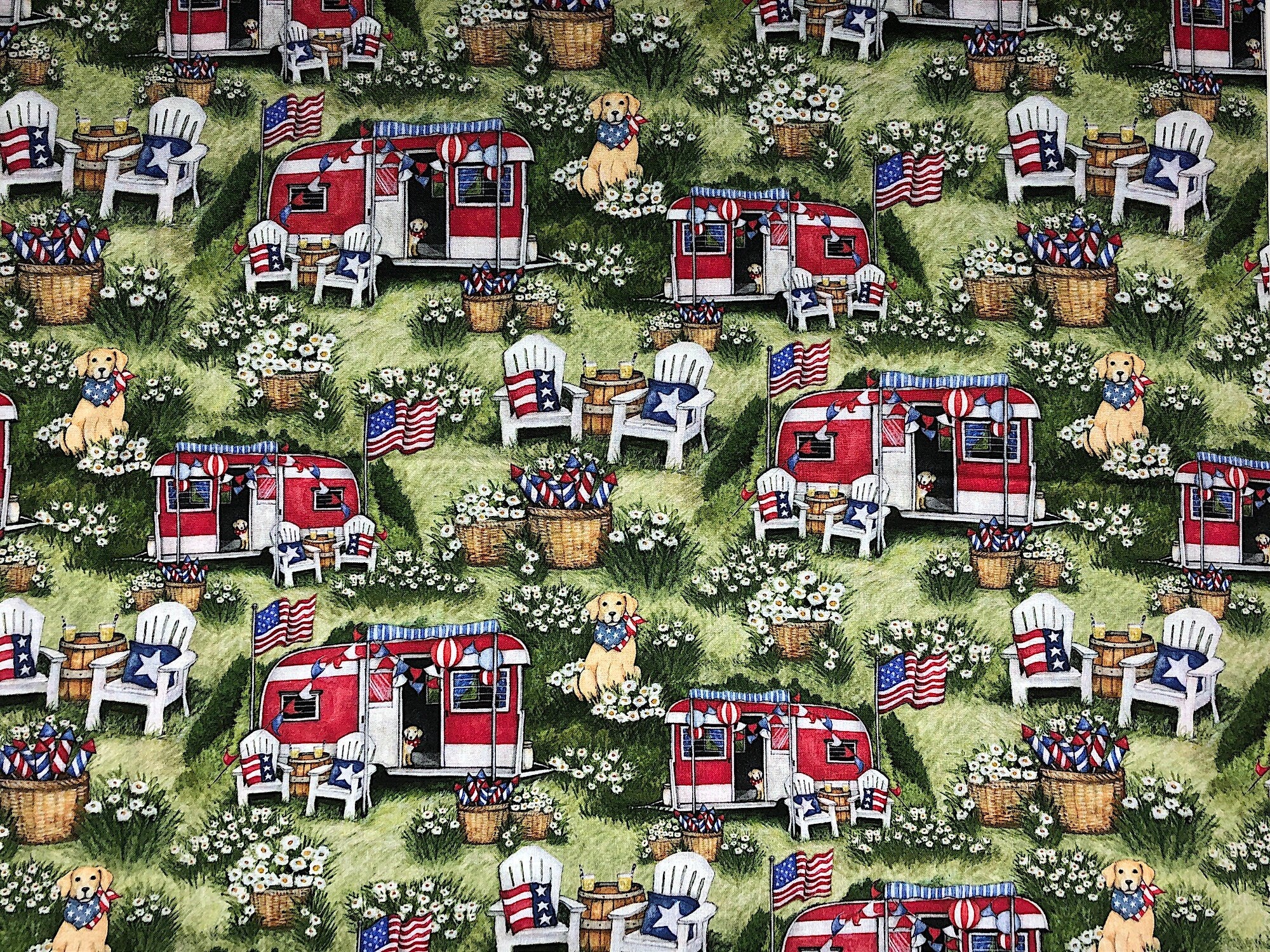 This patriotic fabric is covered with pots of flowers, dogs, chairs and travel trailers.