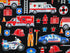 Black cotton fabric covered with EMS vehicles, sheriff car, police motorbike and emergency equipment.