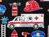 Close up of a white ambulance, fireman's hat, ladder and more.