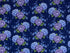 Blue cotton fabric covered with blue and purply hydrangeas.