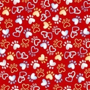 This red fabric is covered with paw prints and hearts. This fabric is part of the Think Pawsitive collection designed by Andi Metz