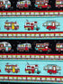 This fabric is called Camper Stripe and has rows of travel trailers, campers on trucks, 5th wheels, lights and flags