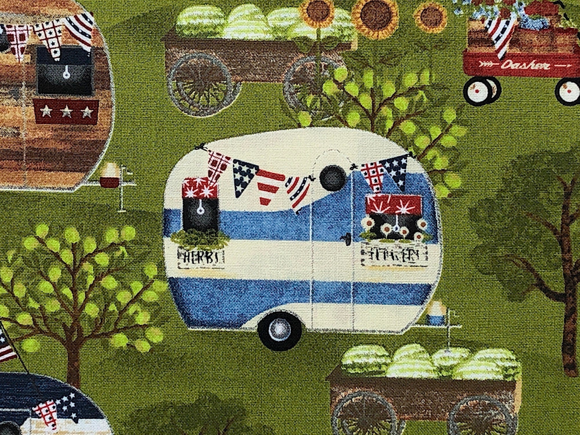 Close up of a travel trailer with red white and blue flags on it.