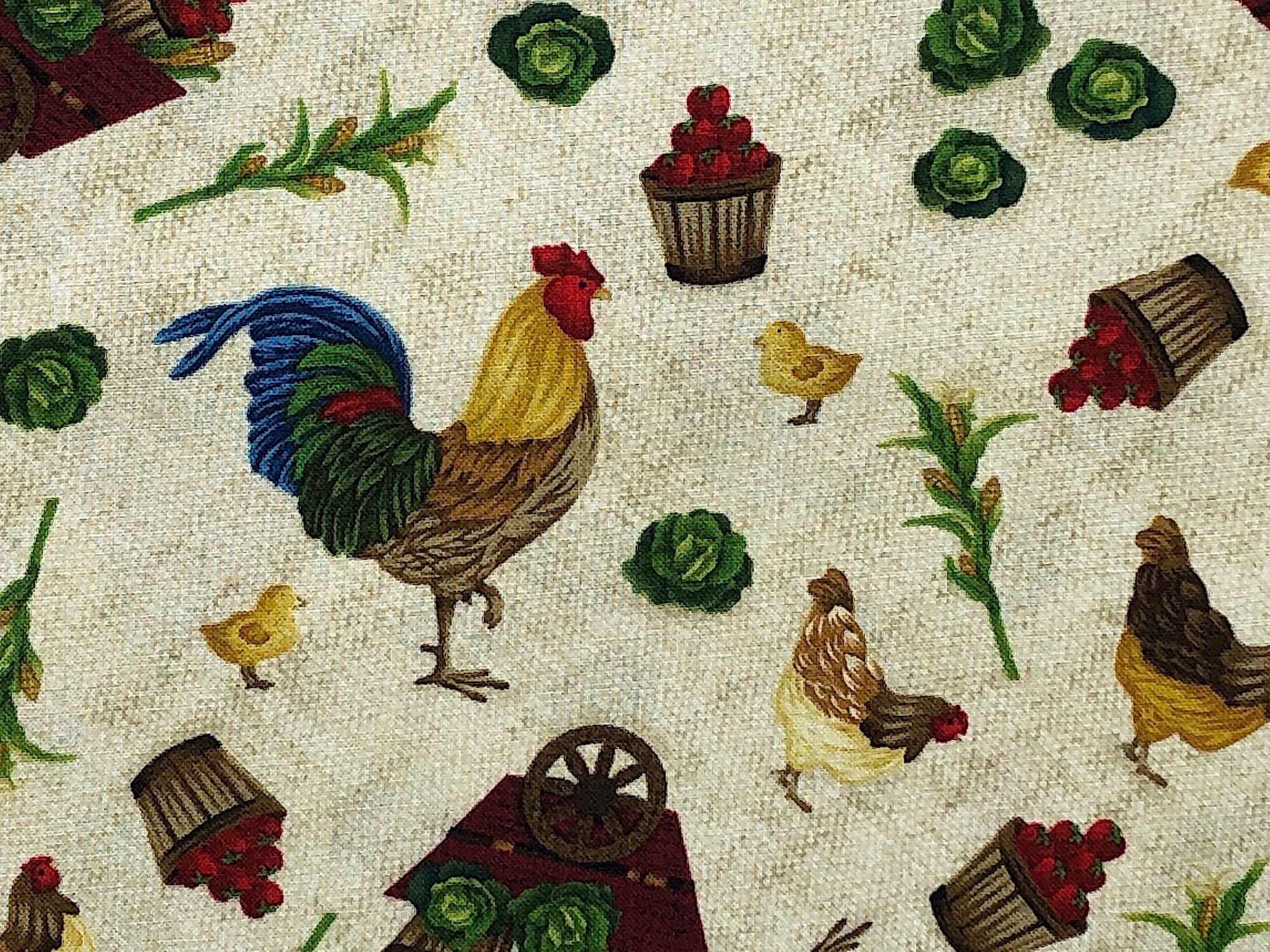 Close up of rooster, lettuce, apples and more.