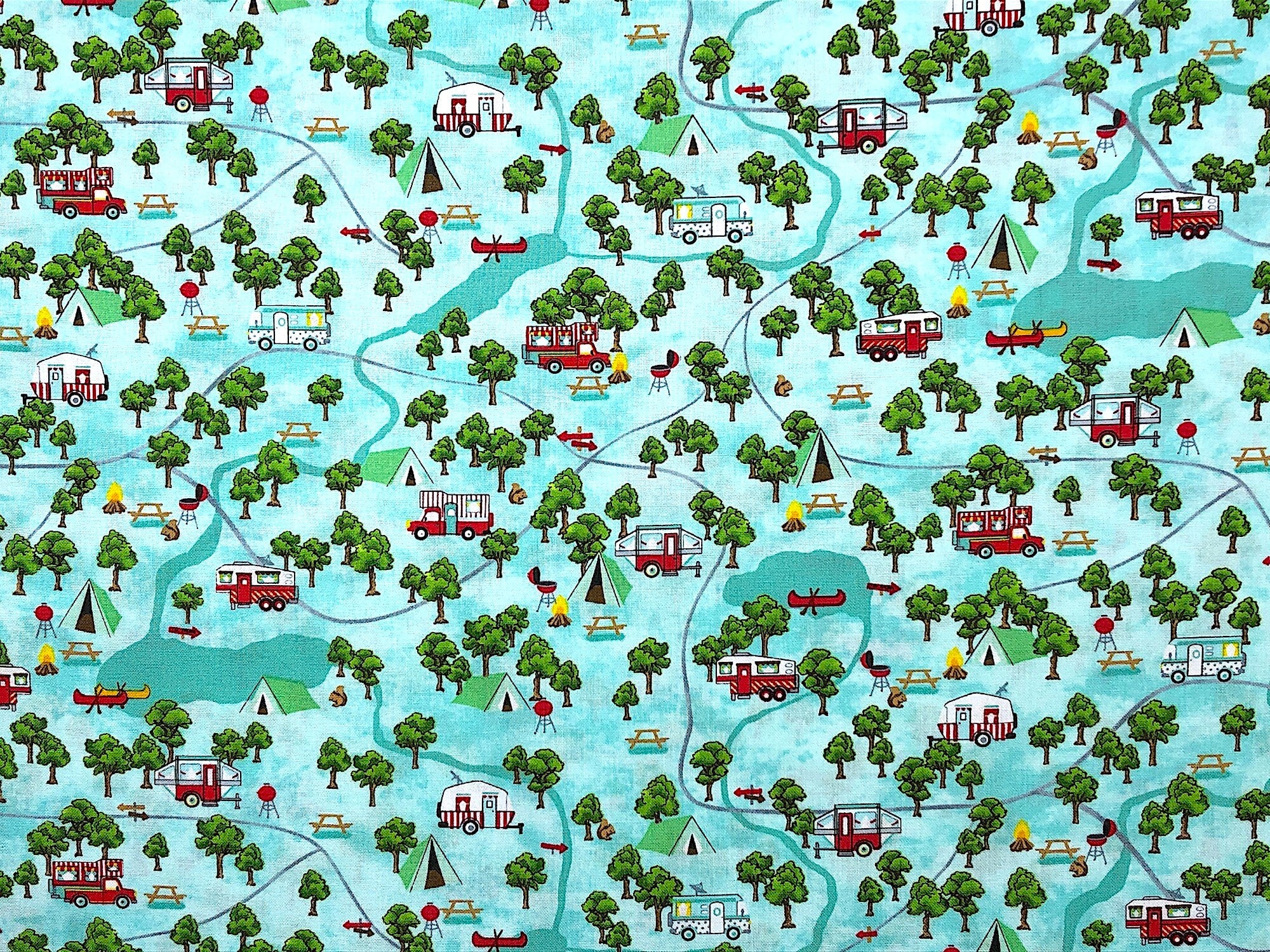 This fabric is called campsite map and is covered with travel trailers, campers on trucks, 5th wheels pop up tents, 5th wheels, trees, grills, picnic tables and more. This fabric is part of the Roaming Holiday Collection by Pam Bocko.