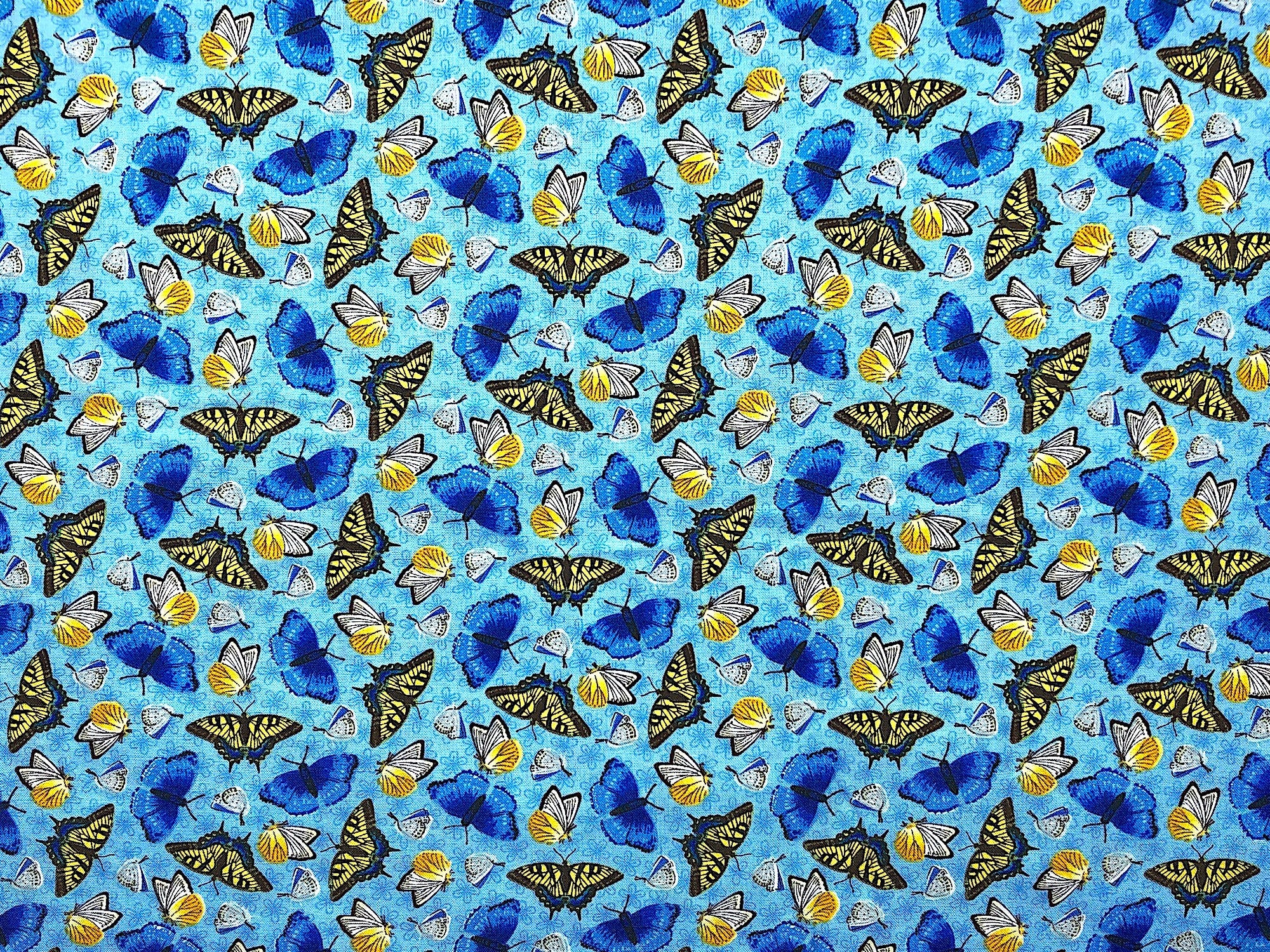 This fabric is part of the Sunny Sunflowers collection. This blue fabric is covered with blue, yellow, white and black butterflies.