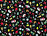 This fabric is called Tossed Camper Icons and has camping items such as binoculars, grills, flashlights, row boats, shovels, cameras and more on a black background.