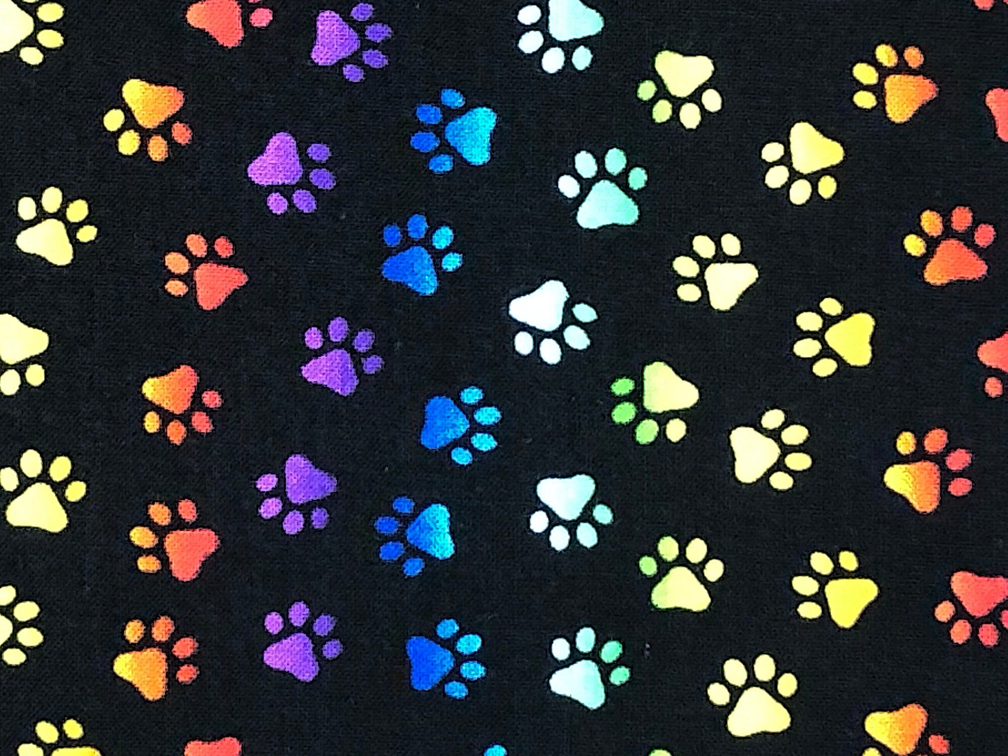 Close up of red, yellow, white, green and purple paw prints.