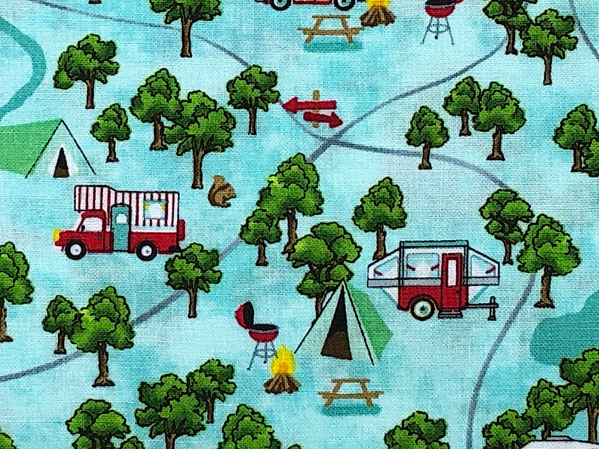 Close up of tent camper, trees, fire, picnic table and more.