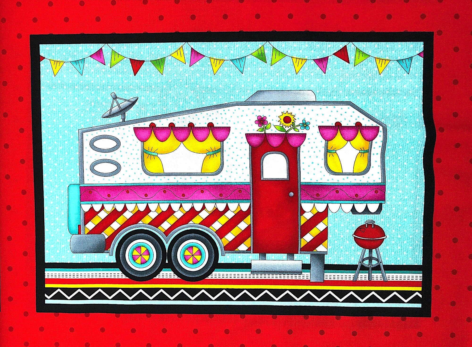 You will find either a motorhome, travel trailer, 5th wheel or camper in each of the panels on this fabric. Each square is about 14"x10". You will receive 1 panel (6 squares) which is approximately 35 inches wide. This fabric is part of the Roaming Holiday Collection by Pam Bocko.
