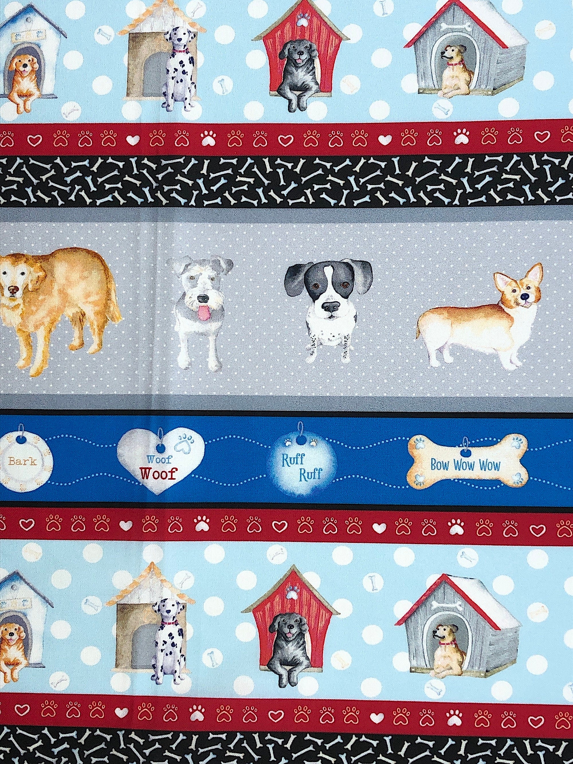 This light blue fabric is covered with strips of paw prints, dogs, dog houses, bones, dog collars and more. This fabric is part of the Think Pawsitive collection designed by Andi Metz.