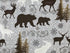 Close up of deer, bear, trees and snowflakes.