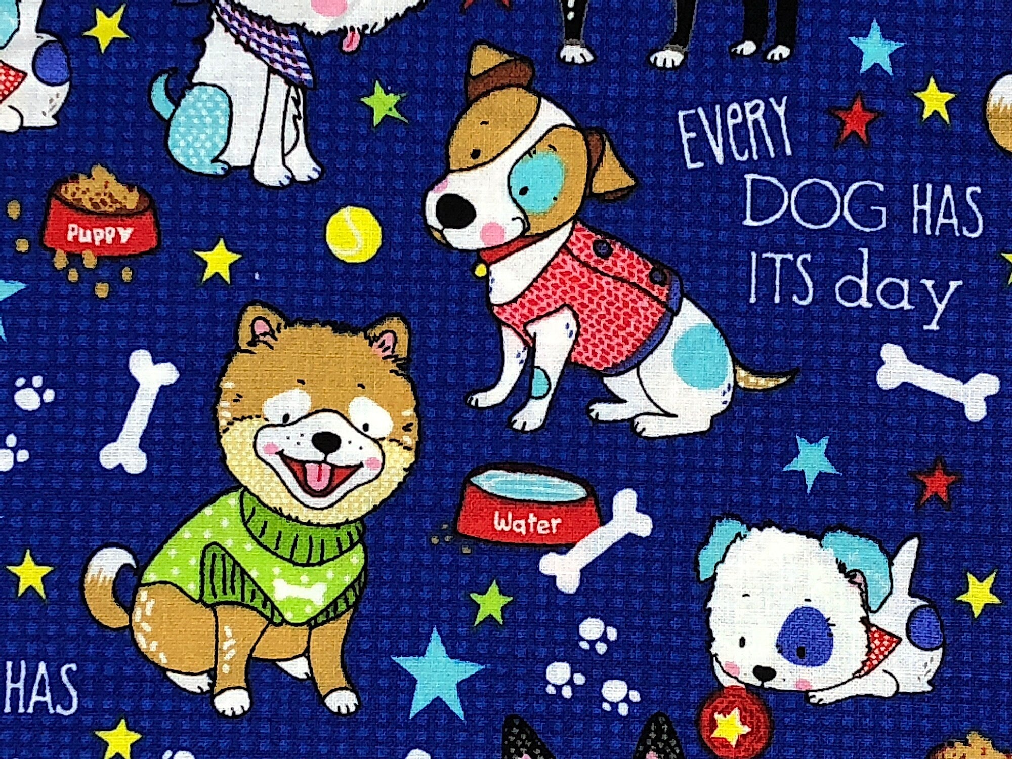 This fabric is a cute Dog design with lots of dogs. There are Bones, Paw Prints, Water and Food dishes scattered throughout the design. The words on the fabric says "Every Dog Has Its Day". The Background is a medium blue with lighter blue dots.
