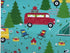 Close up of a red van, trees, tent and chairs in the outdoors.