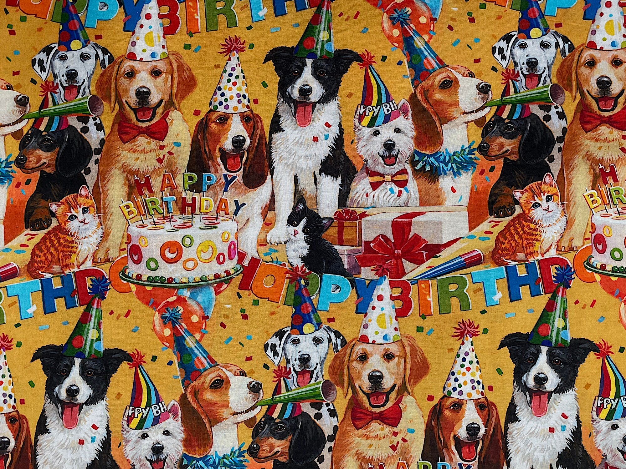 Here is a fun design of a Dog Birthday Bash. Looks like these dogs are having a fun Birthday Party. They are wearing party hats and blowing horns and if you look closely there are a couple of cat party crashers. What is a birthday bash without a cake and some presents.