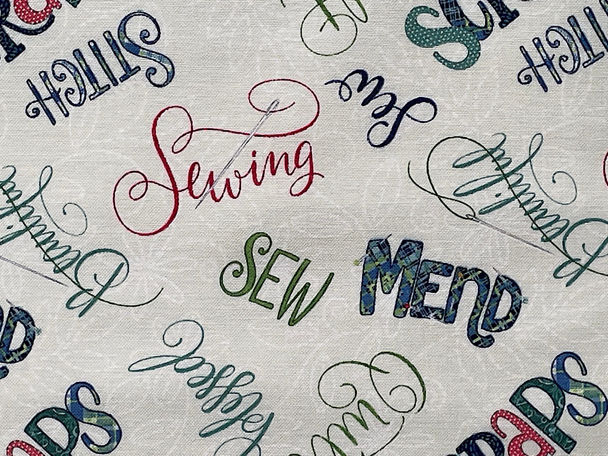 This is one of the Sew Little Time Collection. The color is off-white with the words, Scraps, Stitch, Sew, Sewing, Mend, and Quilt.