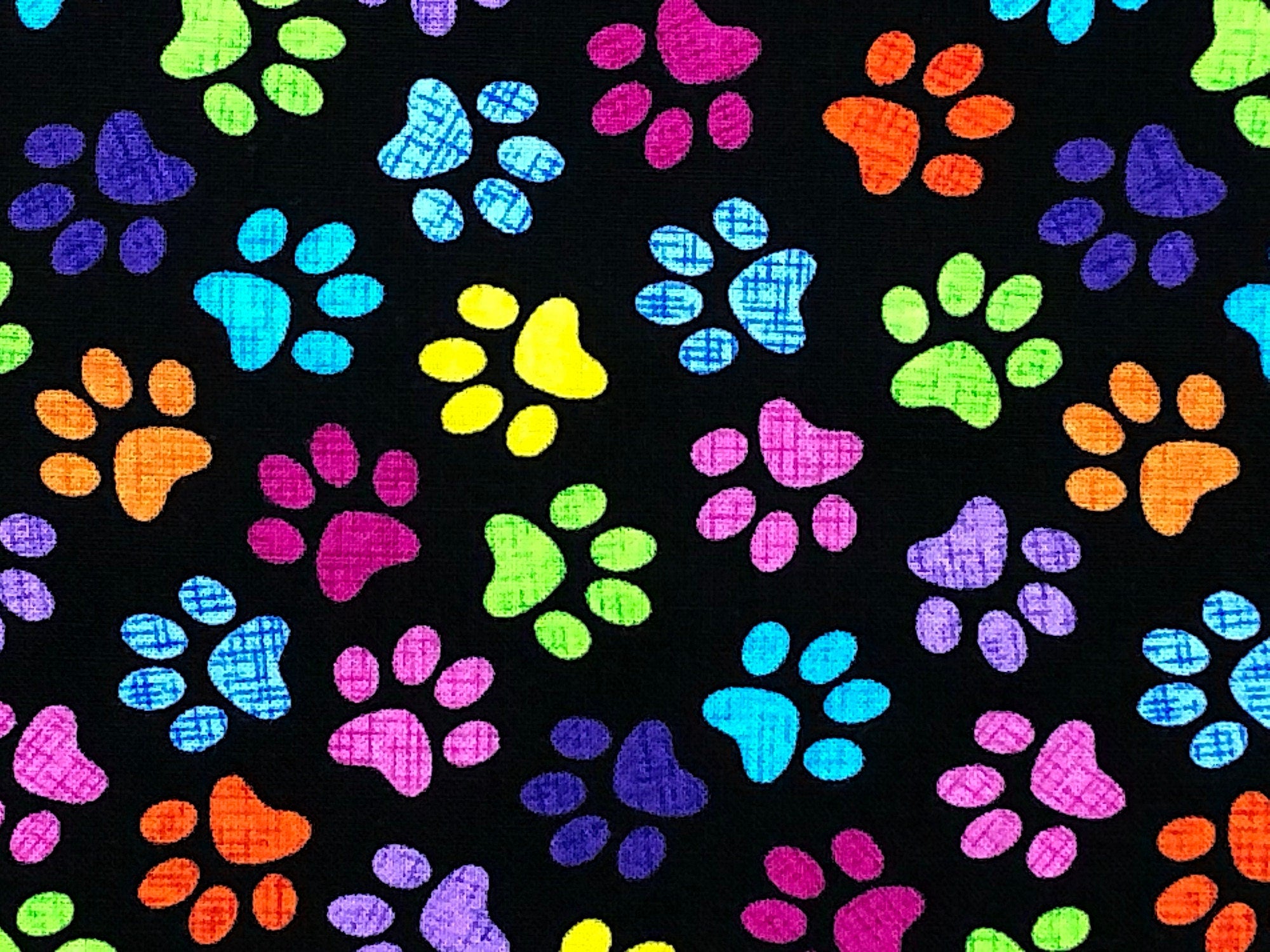 Close up of red, green, blue, purple and pink paw prints on black fabric.