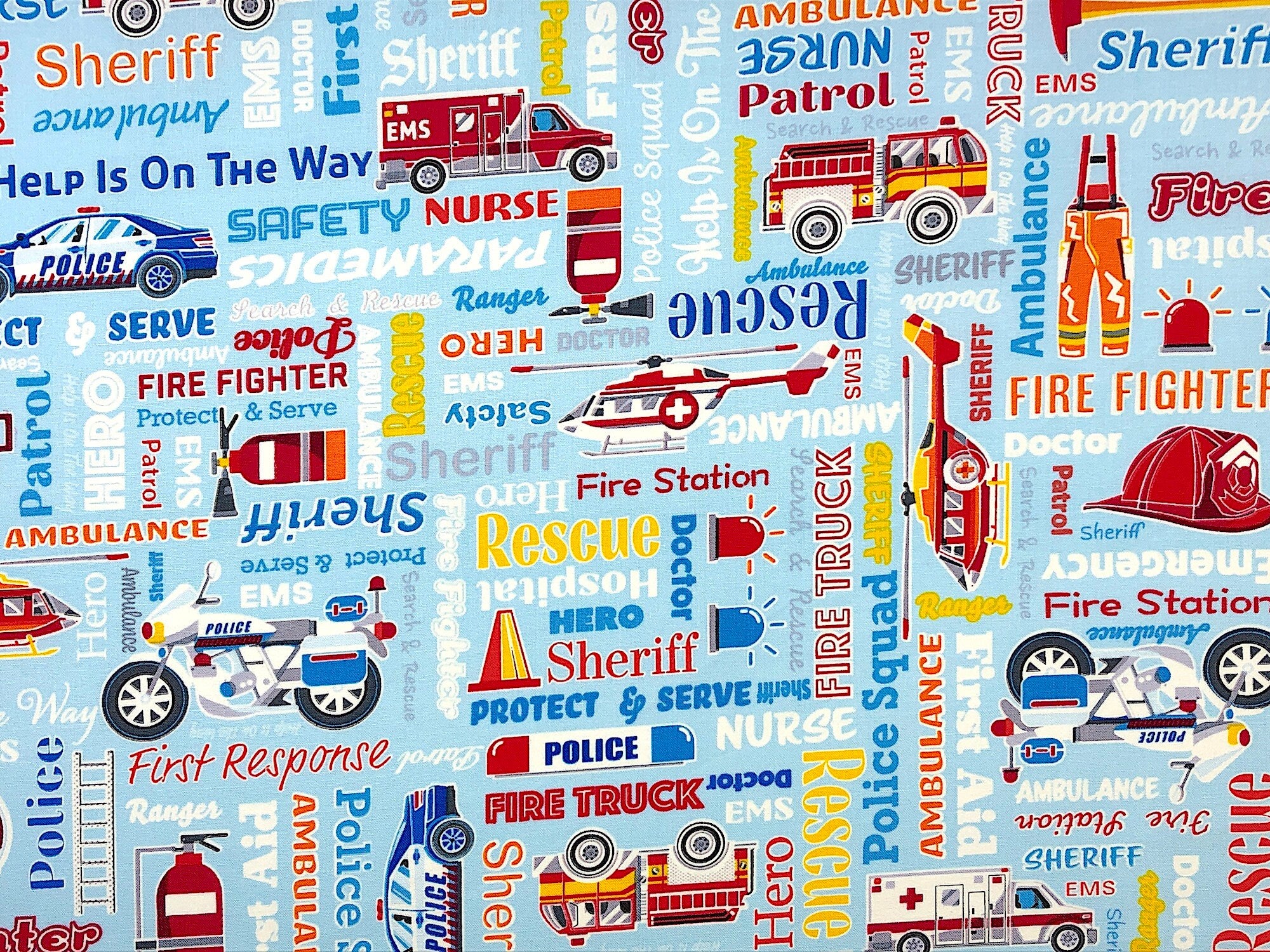 This blue fabric is covered with first responder sayings such as rescue, hero, ambulance, first aid and more. You will also find helicopters, police cars, fire trucks and ambulances.