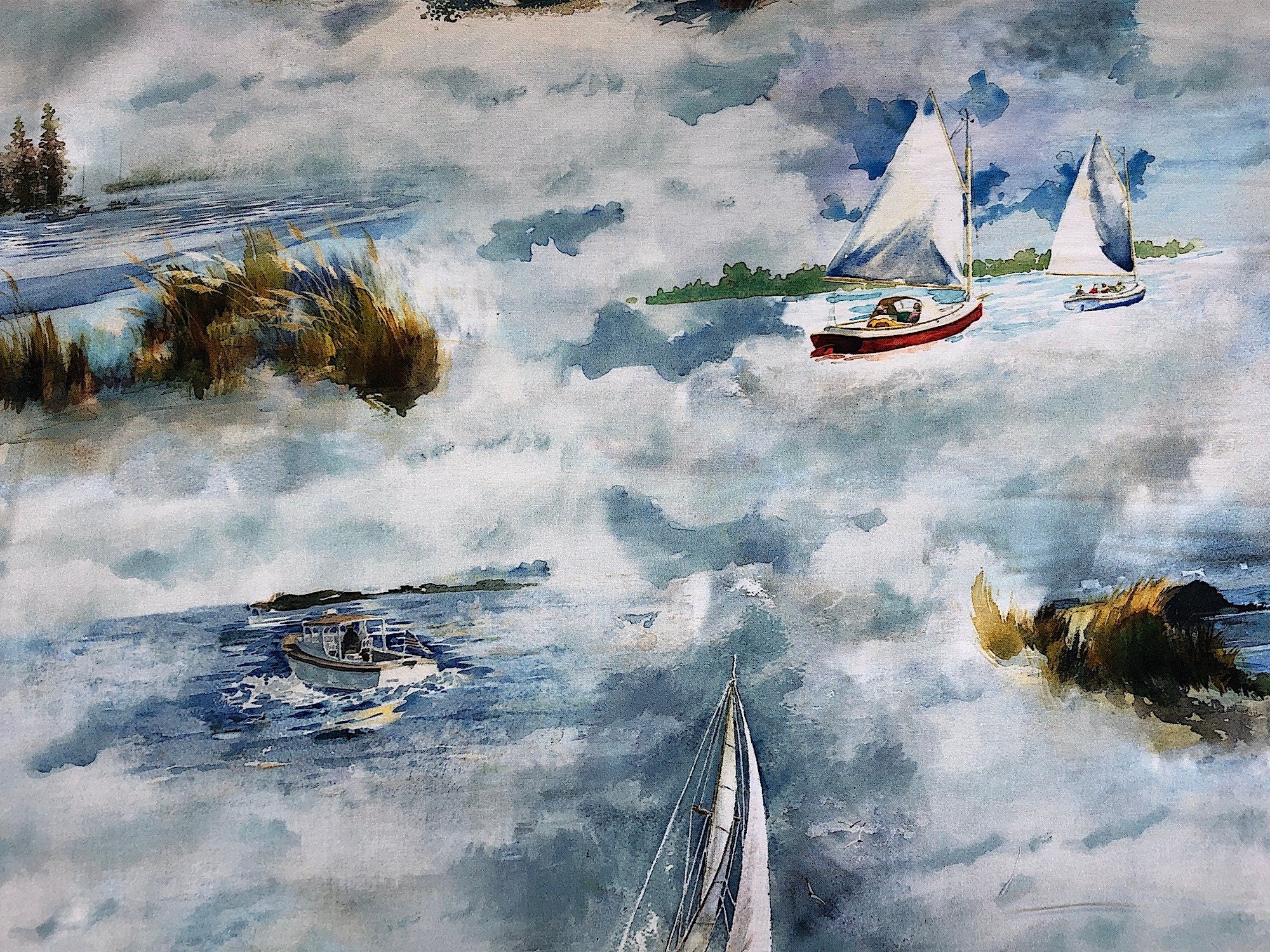 This nautical fabric has a sea scene that has boats, grass, water and clouds.