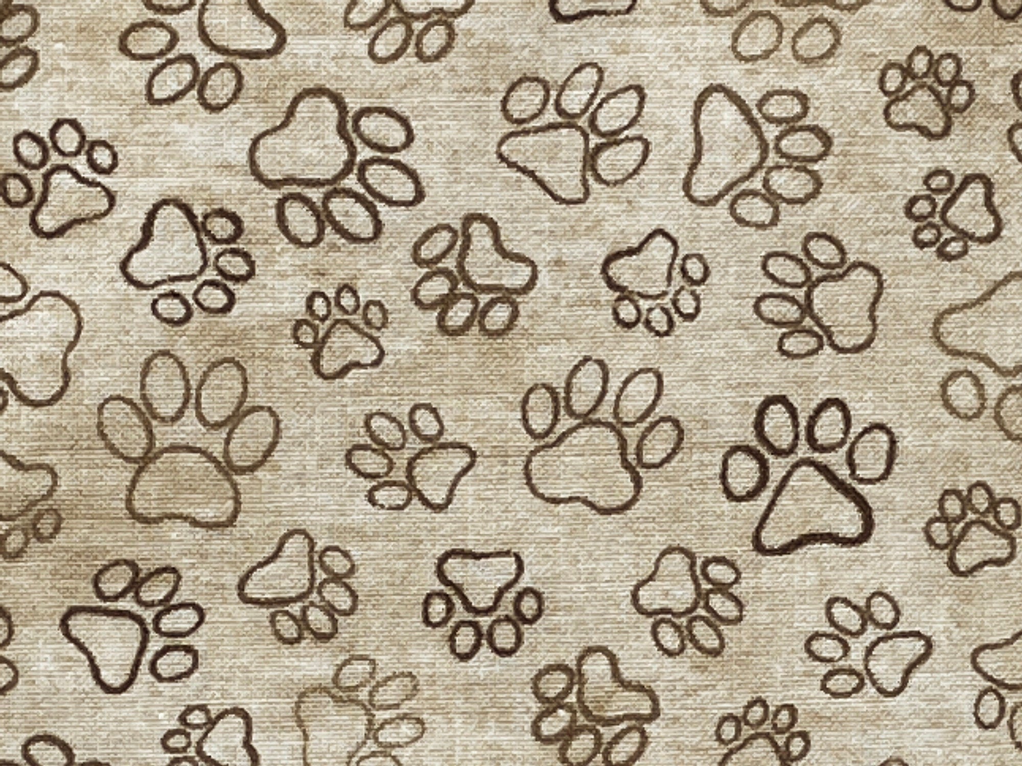 Cotton fabric covered with different shades of brown paw print outlines.