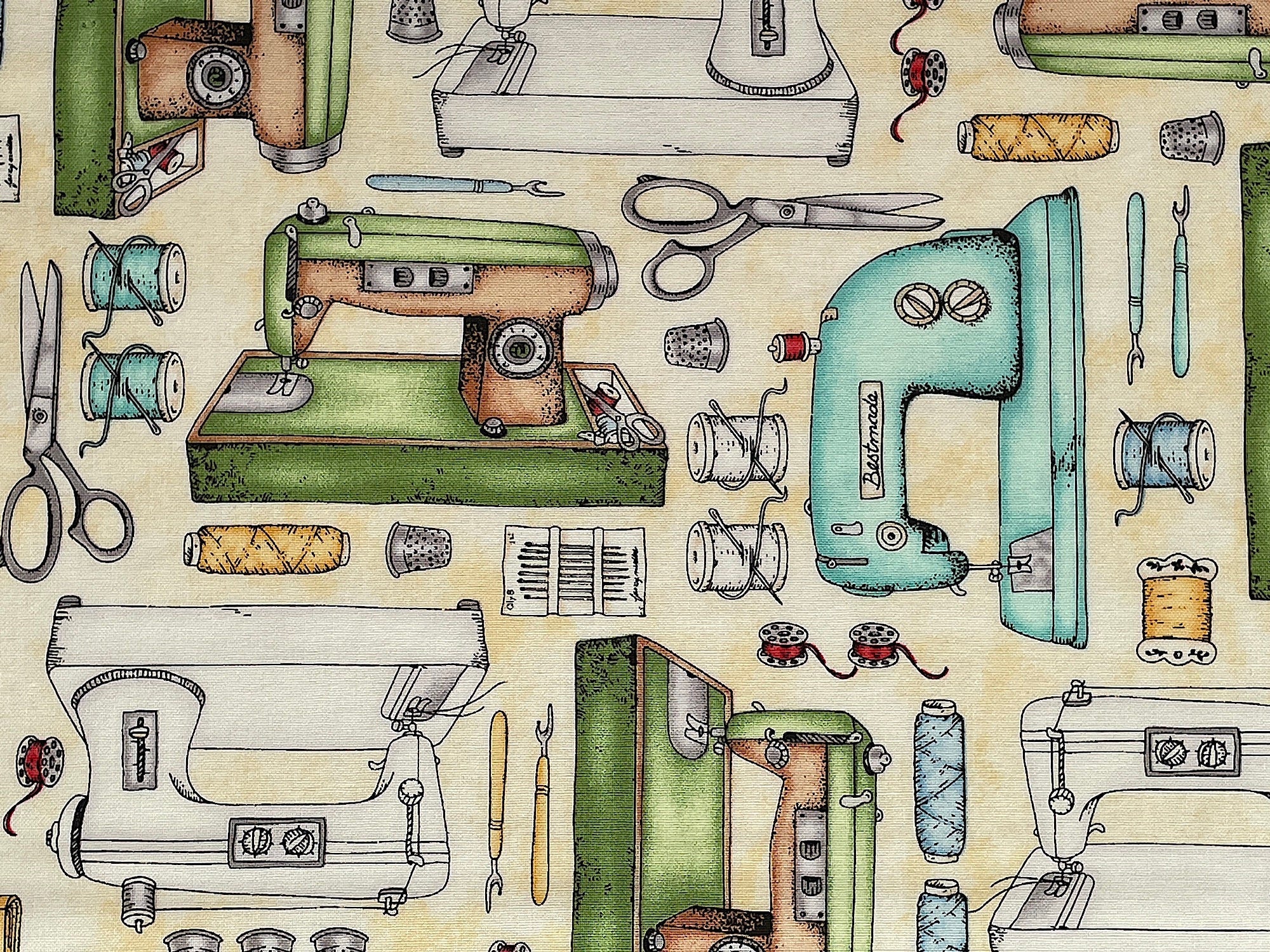 Close up of sewing machines and accessories.