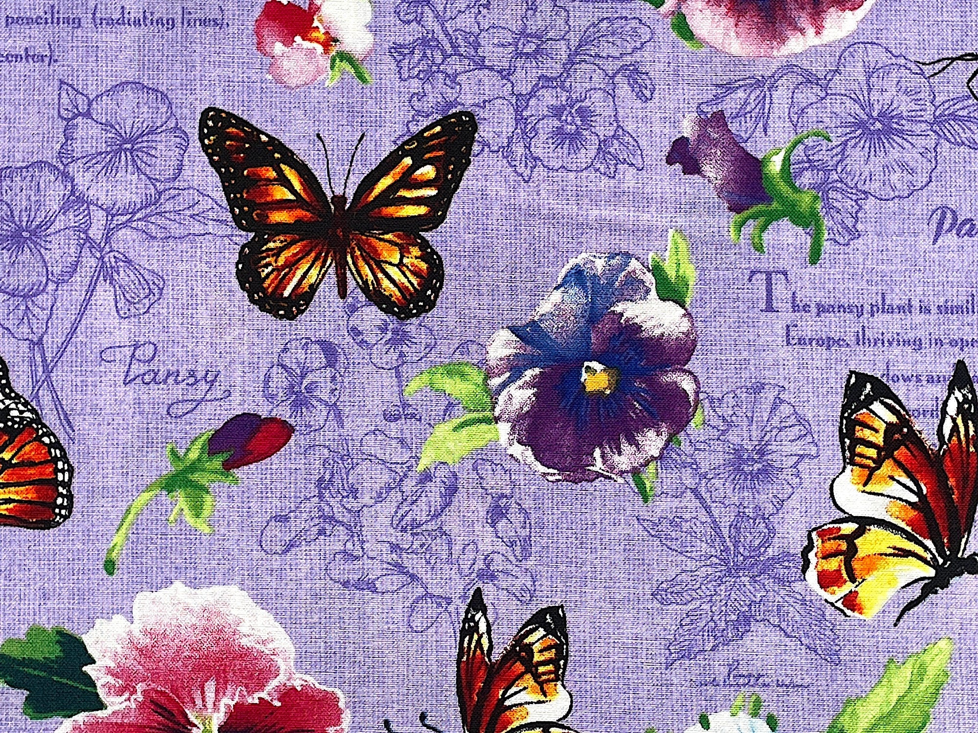 This is a beautiful Lavender fabric with Pansies and Words all over. It is from the Pretty Pansy Collection. A lovey fabric for use in your next quilt or home décor project