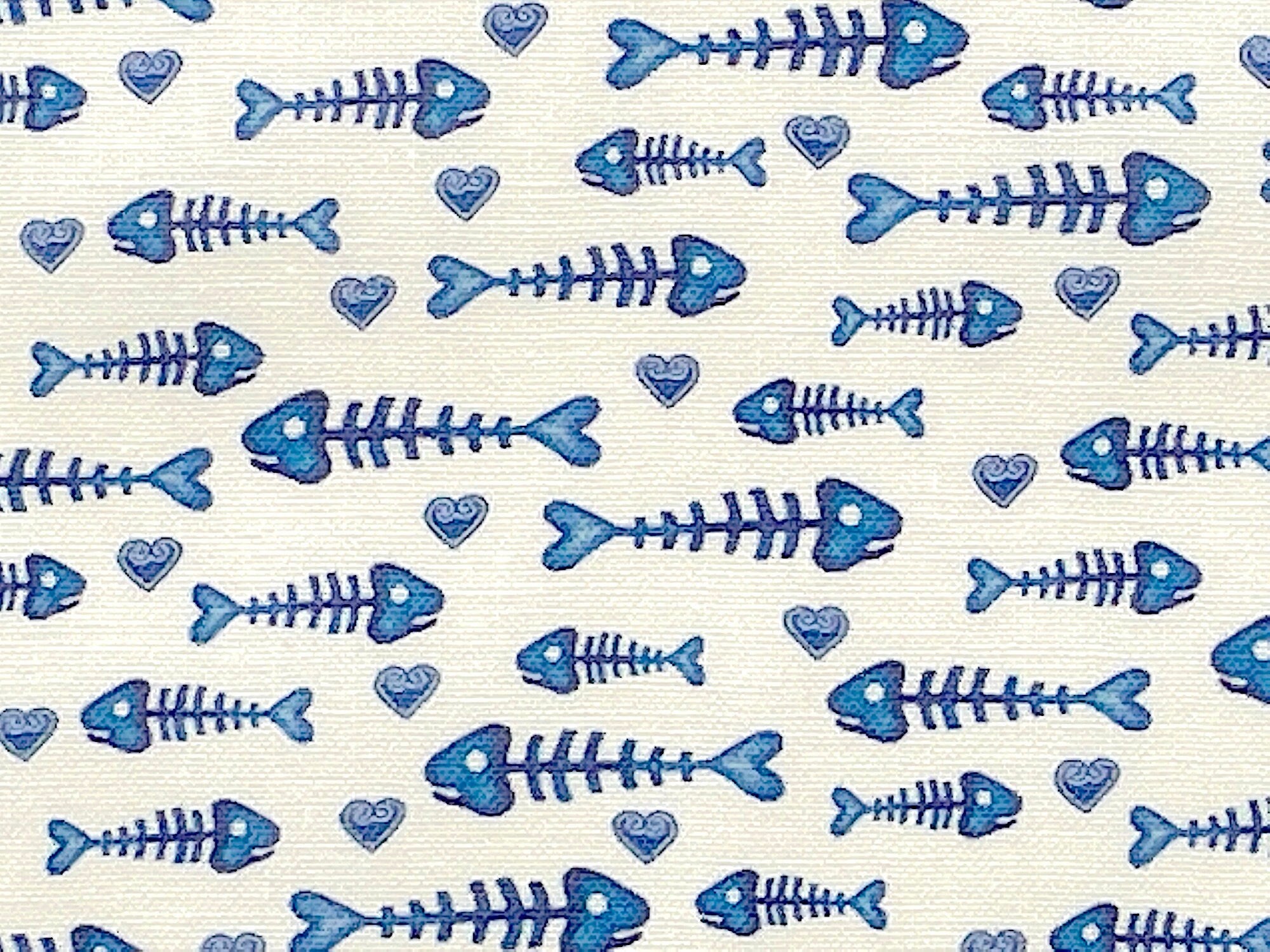 This white fabric is covered with fish bones. This fabric is part of the Kitty City collection by Andi Metz.