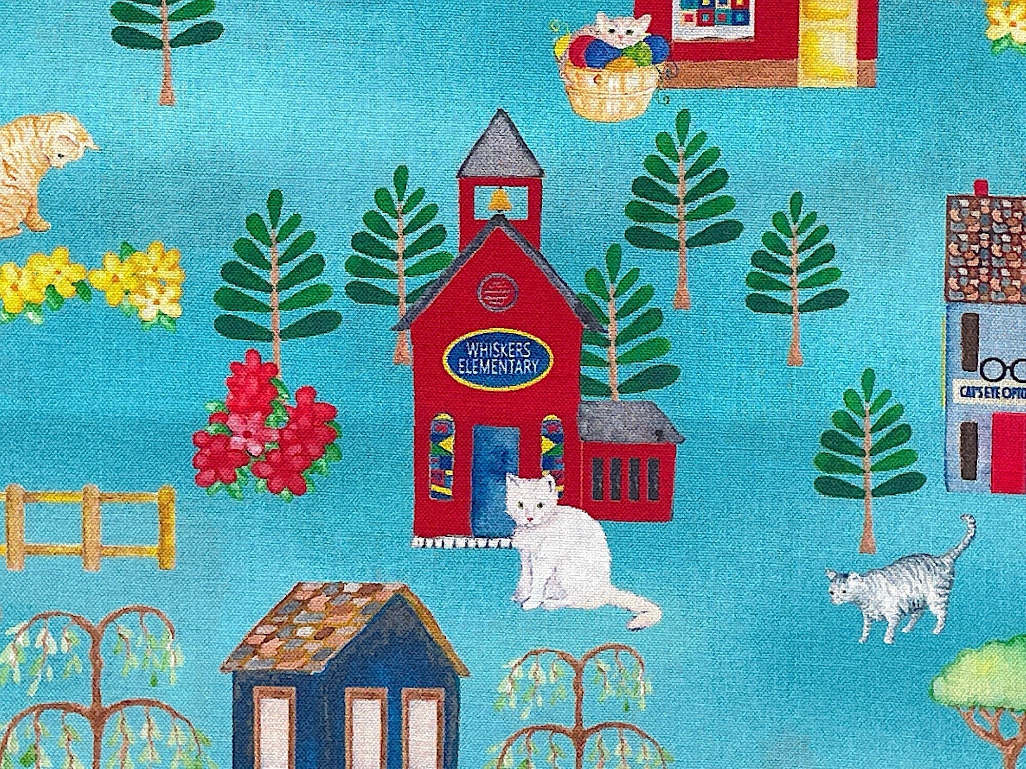 Cotton fabric with whiskers elementary, cats, trees, flowers and more.