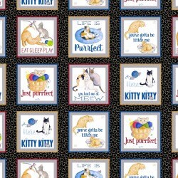 This fabric is sold by the panel. Each panel is approximately 24" wide and has 15 total boxes per panel. Each box is approximately 7" square. Each box has a different cat and saying in it. This fabric is part of the Kitty City collection by Andi Metz