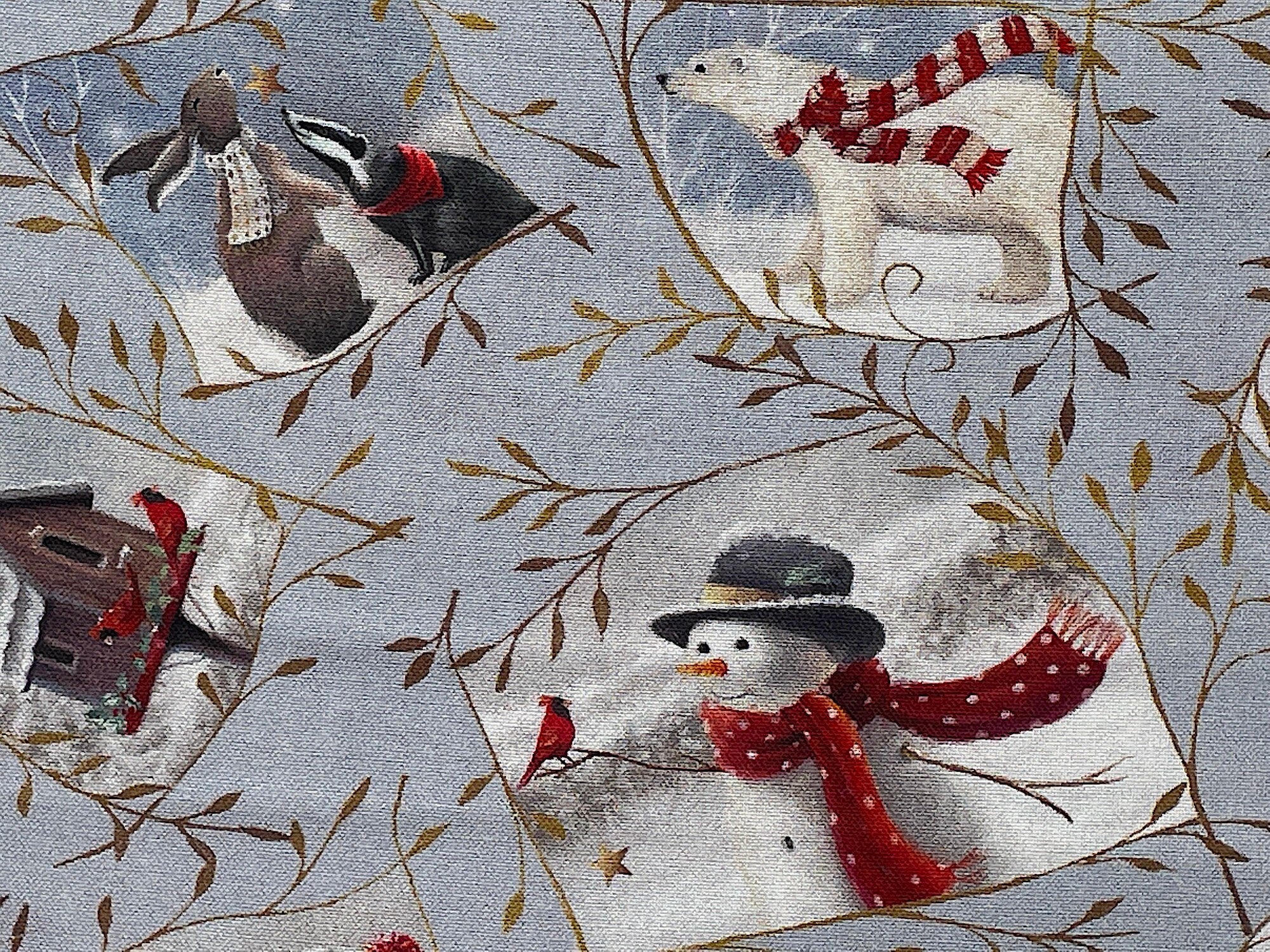 This gray fabric is covered with snowmen, bird houses, birds and other wildlife such as bears, bunnies and fox. See my other listings for more fabrics from this collection as seen in the last picture and video.