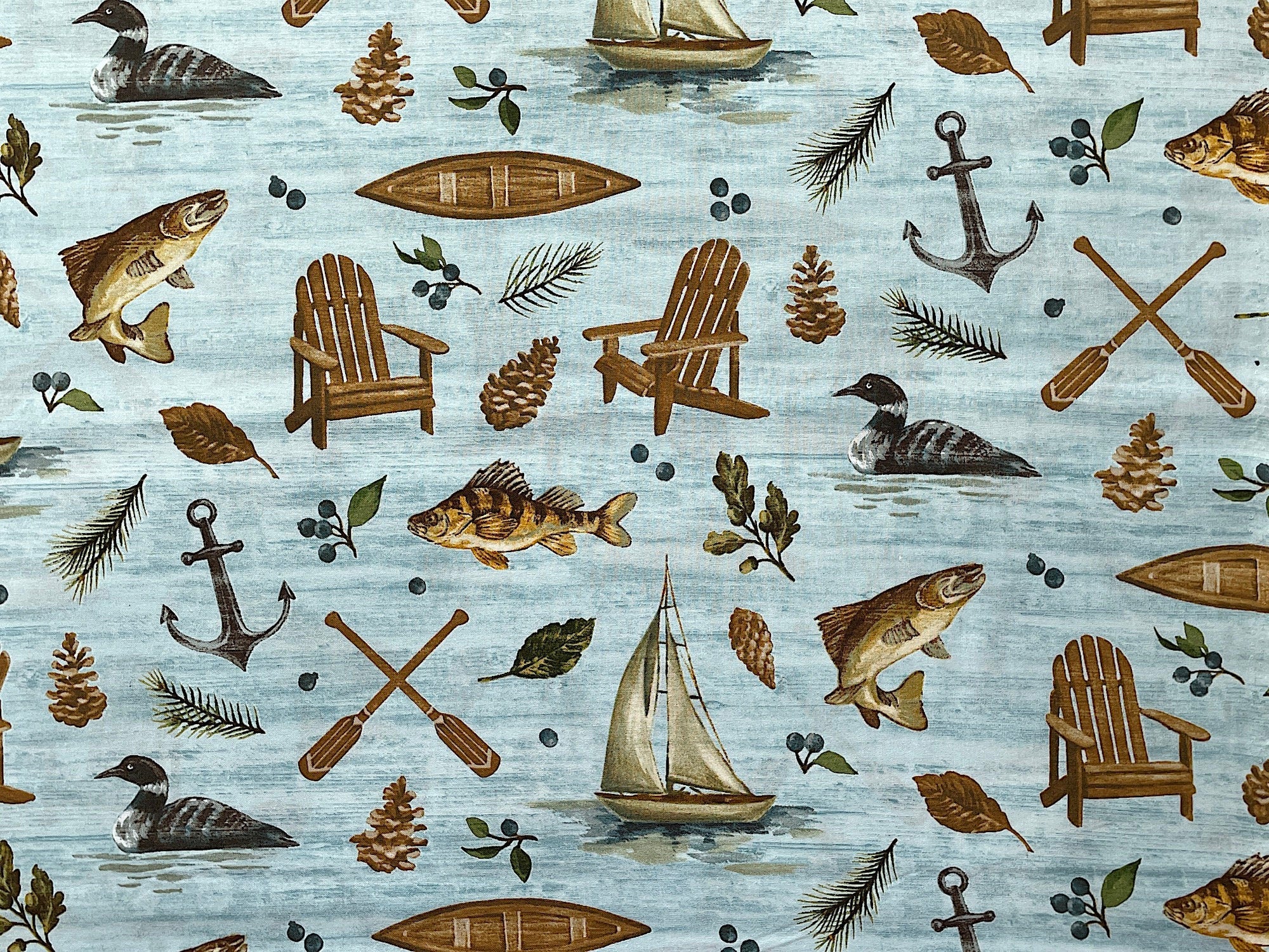 Lakeside Retreat Blue - Lake Fabric - Fish Fabric - Cotton Fabric - NAU-104