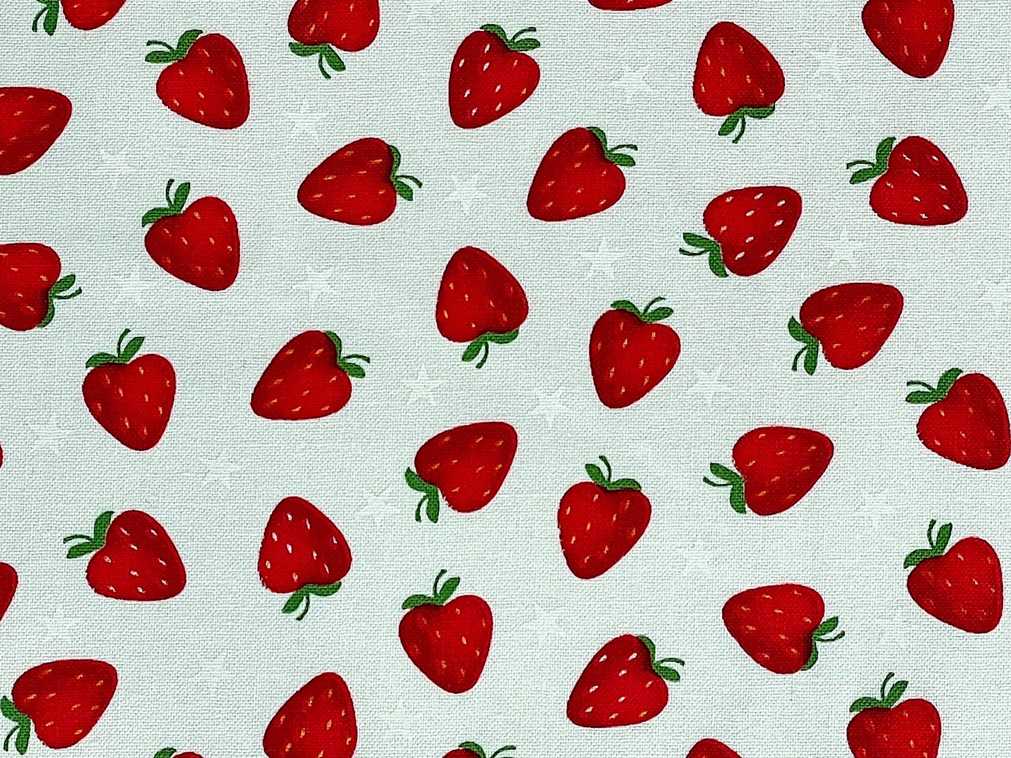 Colorful print from the "My Happy Place" collection. This one is of tossed strawberries. Pretty bright Red Strawberries with white stars. The background is an off-white or cream color.