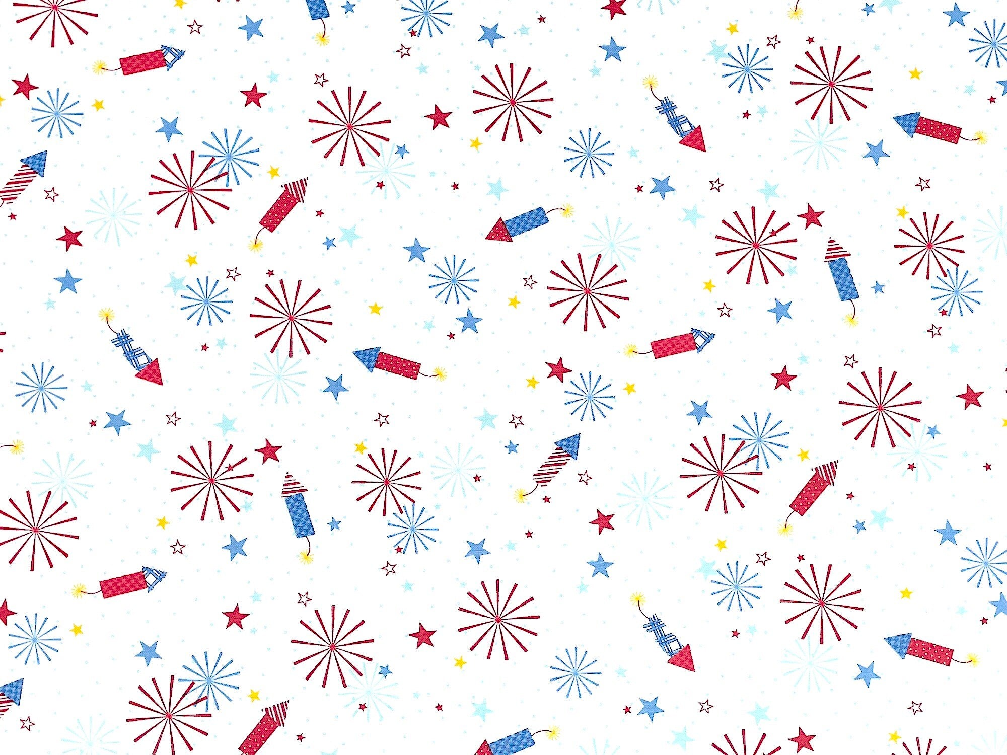 Here is a colorful Patriotic Fabric with Red White and Blue Fireworks on a White background. You will also find yellow, red and blue stars and small blue dots on this white fabric.