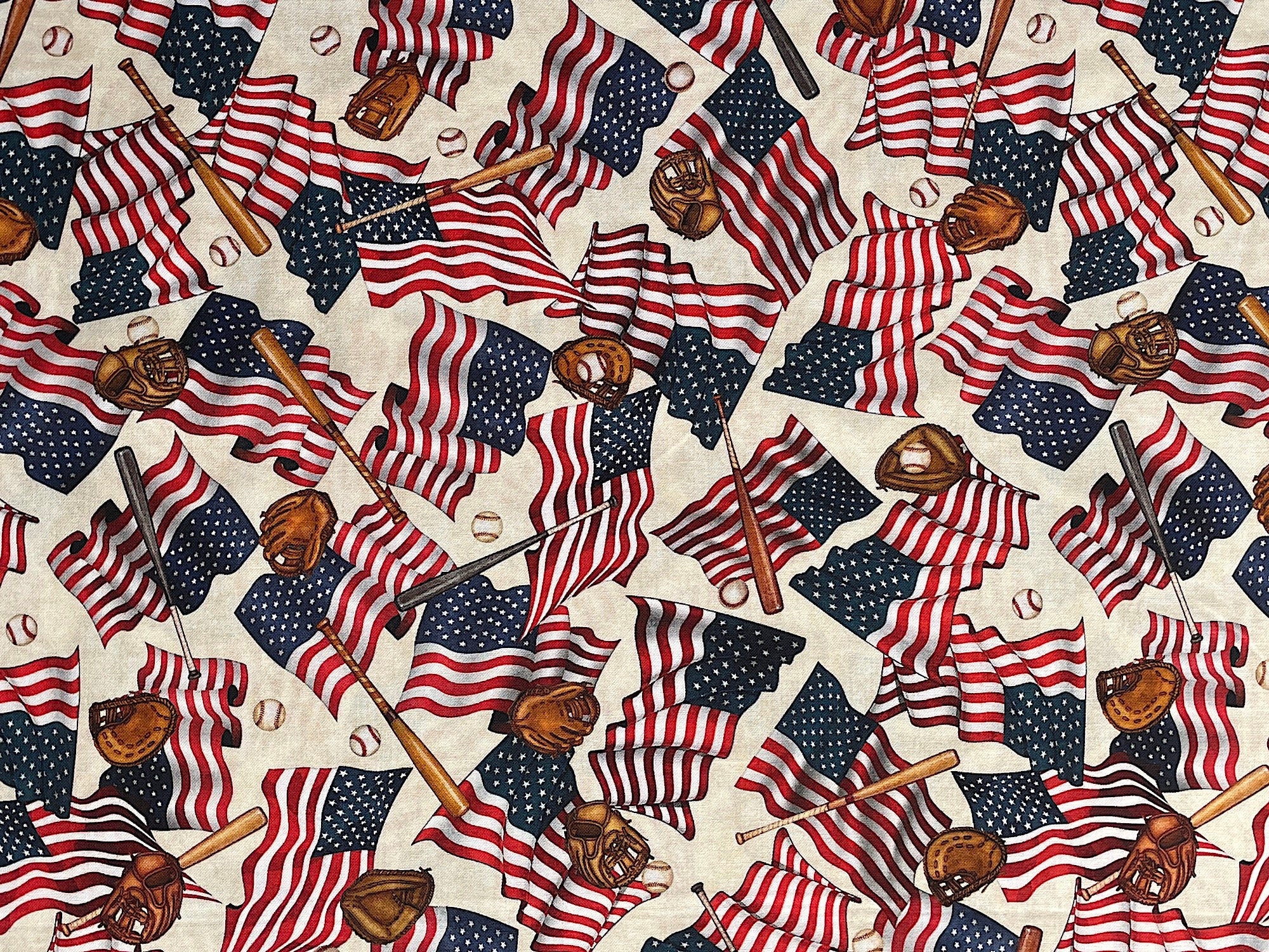 This colorful Red White & Blue design consists of American Flags, Baseballs, Bats and Baseballs & Mitts. The background is an cream.