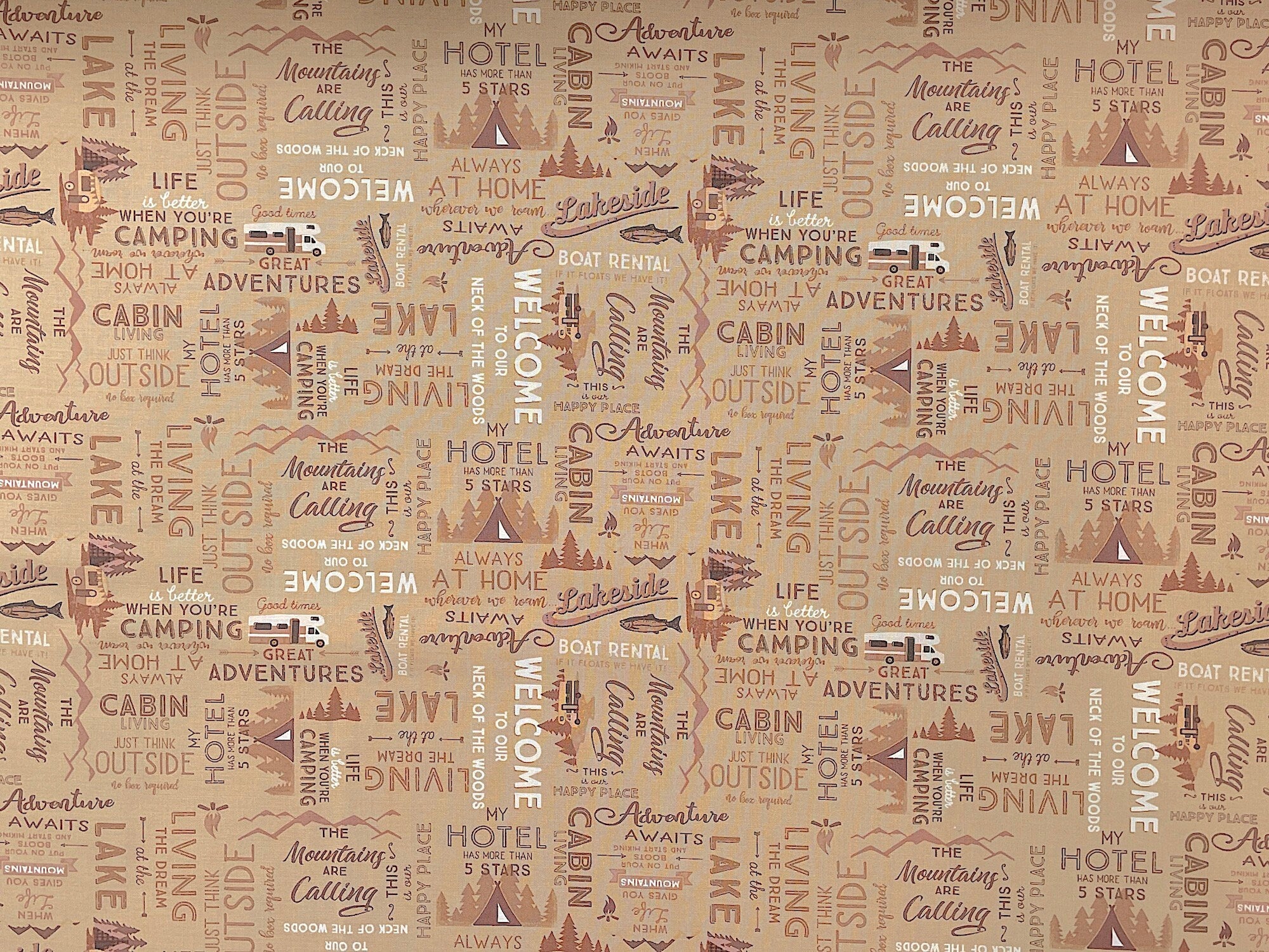 This caramel colored cotton fabric is covered with tents, fish, rv's and sayings such as life is better when you're camping, living the dream, etc.