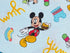 Close up of Mickey Mouse with a hamburger in his hand.