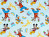 Mickey Mouse is eating a hamburger, Donald Duck is eating a hot dog and Goofy is eating an ice cream cone on this light blue fabric. In the background there are hot dogs, hamburgers and the word yum.