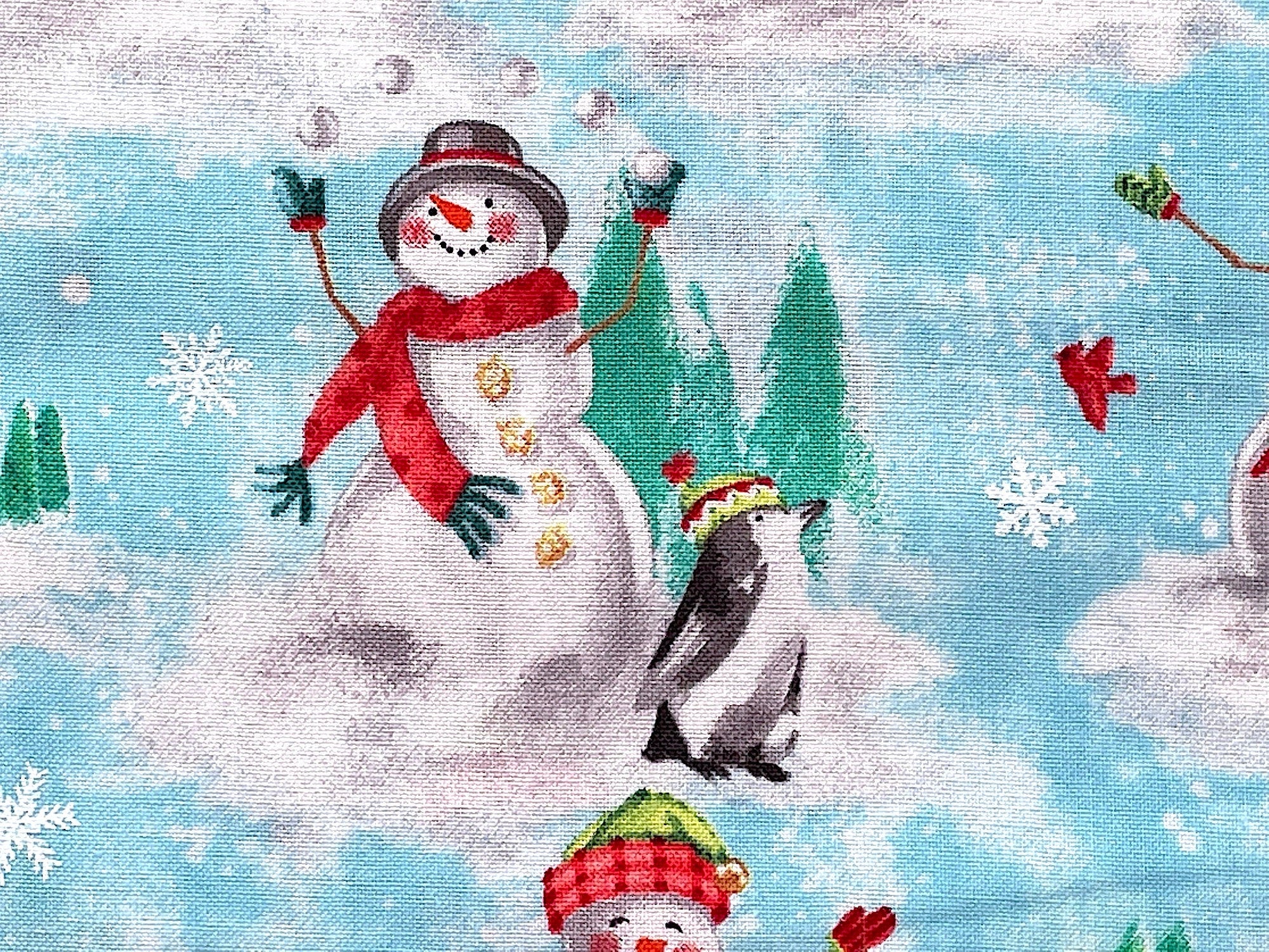 Close up of a snowman tossing snowballs while a penguin stands beside him.