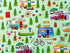 Close up of camping themed fabric featuring travel trailers, canoes, bikes, trees, flowers and more.