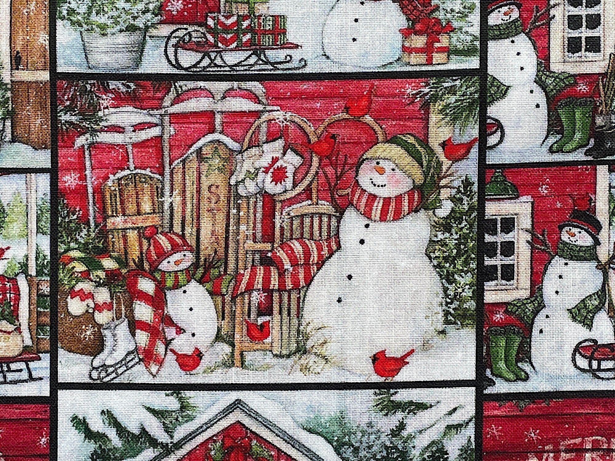 Close up of snowmen, sleighs, ice skates, birds and more.