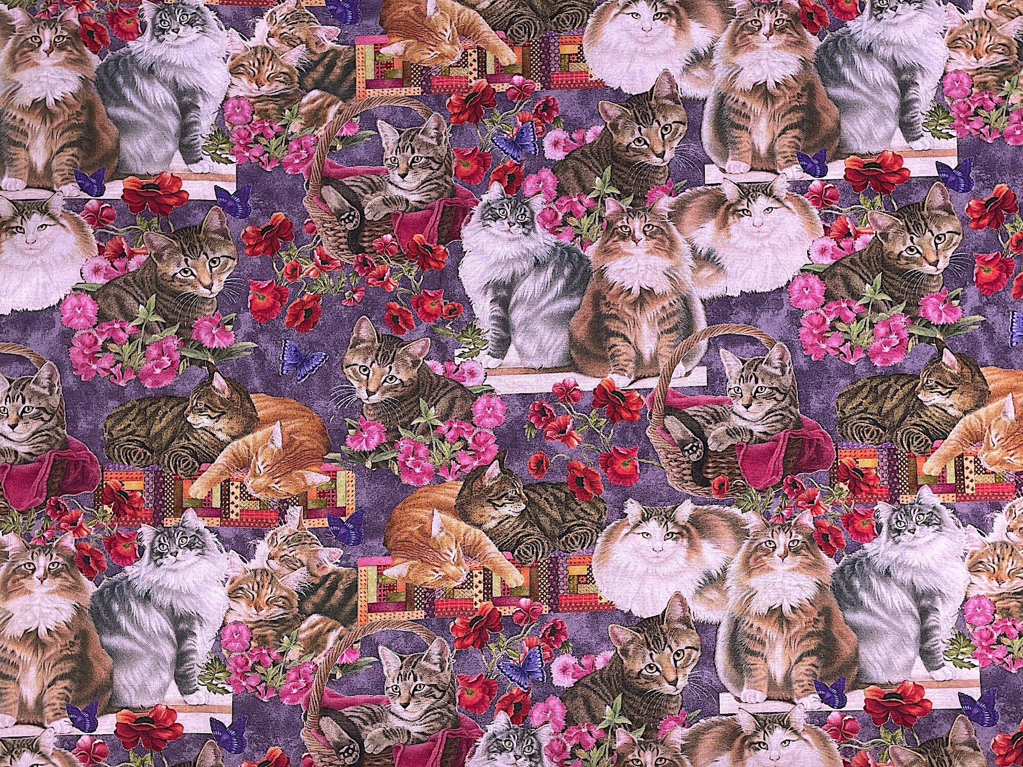 Cotton fabric covered with cats, quilts and flowers.