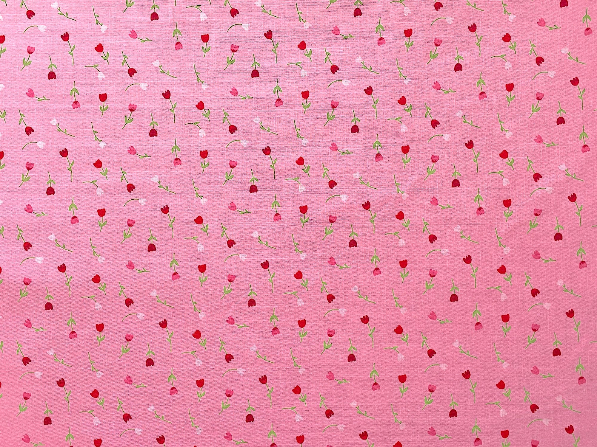 Falling In Love by Dani Mogstad for Riley Blake Designs. This fabric features red and pink tulips on a pink background.