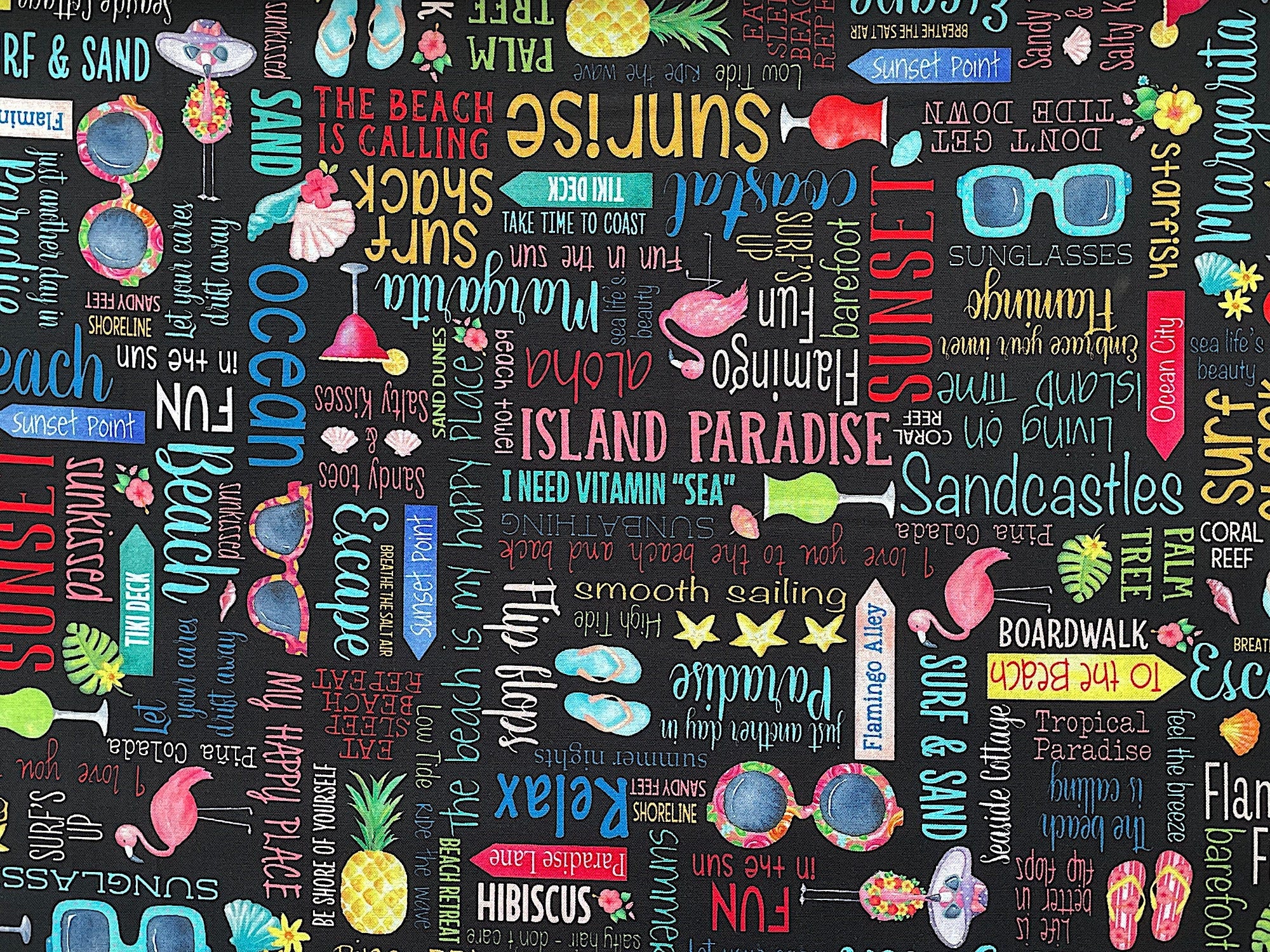 This fabric is part of the Fun In The sun collection. This black cotton fabric is covered with sunglasses, sea shells, palm tree leaves, pineapples, flamingo and more. There are also beach sayings such as sunbathing, barefooted, palm tree, living on island time, and more.