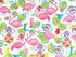 White cotton fabric covered with flamingoes, drinks, leaves and more.