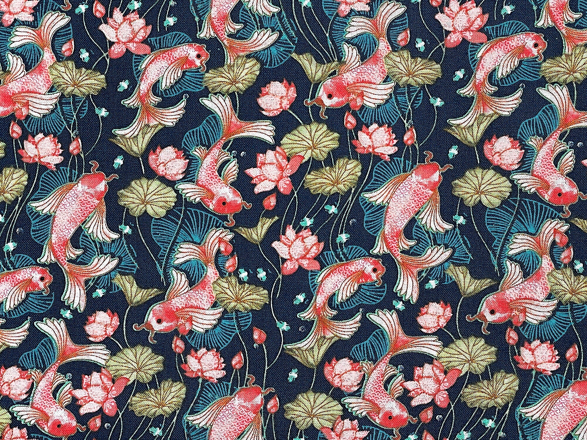 This fabric is part of the Koi Garden collection by Nancy Archer. This dark teal cotton fabric is covered with small orange koi and water lilies