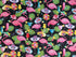 This fabric is part of the Fun In The sun collection. This black cotton fabric is covered with pink flamingos wearing hats and sunglasses. There are also drinks and palm trees in the background. See my other listings for more from this collection as seen in the last picture and video.