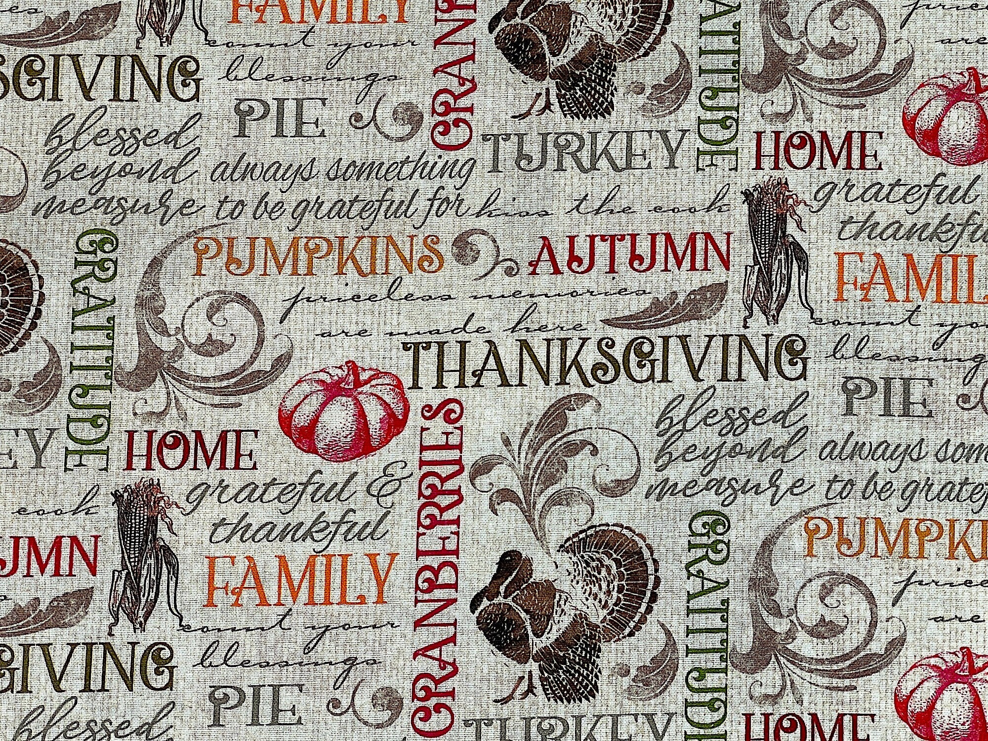 Close up of words such as pumpkins, autumn, family, Thanksgiving, home and more.