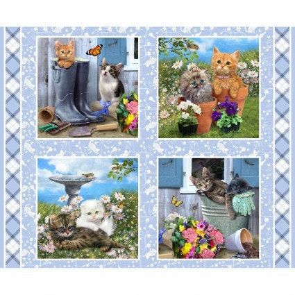 This fabric is sold by the panel. Each square has kittens sitting in buckets or boots or laying by a bird bath. 