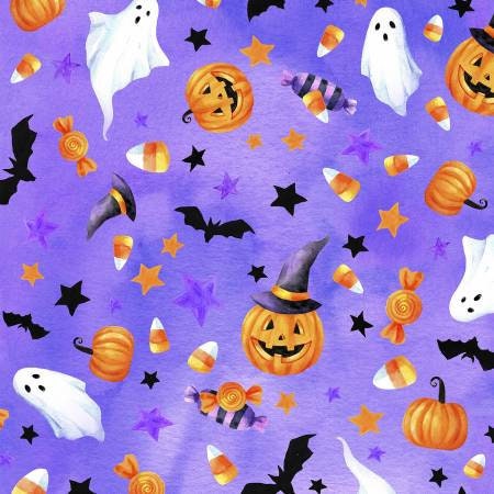 This cotton fabric is covered with ghosts, pumpkins, candy corn, bats, stars and jack-o-lanterns. The background has shades of purple and lavender.