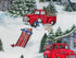 Close up of a snowman beside a red truck in the snow filled with ski gear.